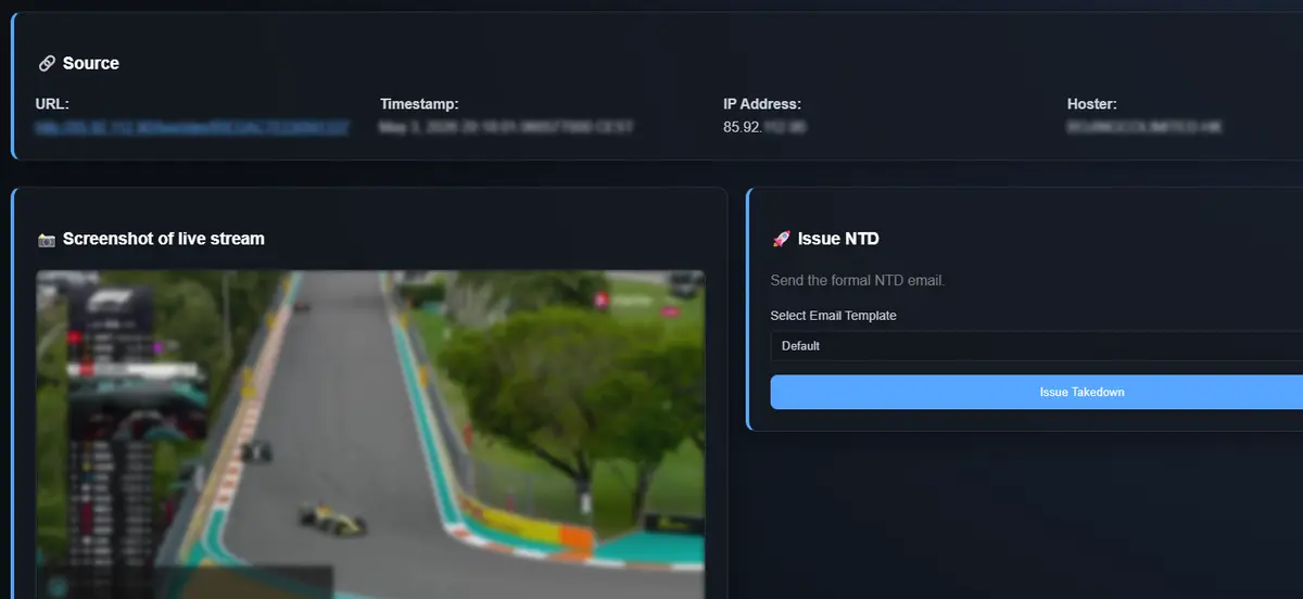 A screenshot of the webbased tooling that has been developed for efficient takedowns.